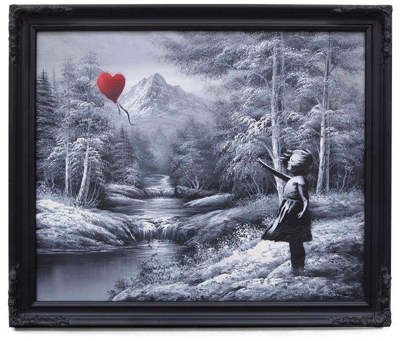 Obra de Banksy: balão vermelho se afastando de menina em uma floresta em tons de cinza.